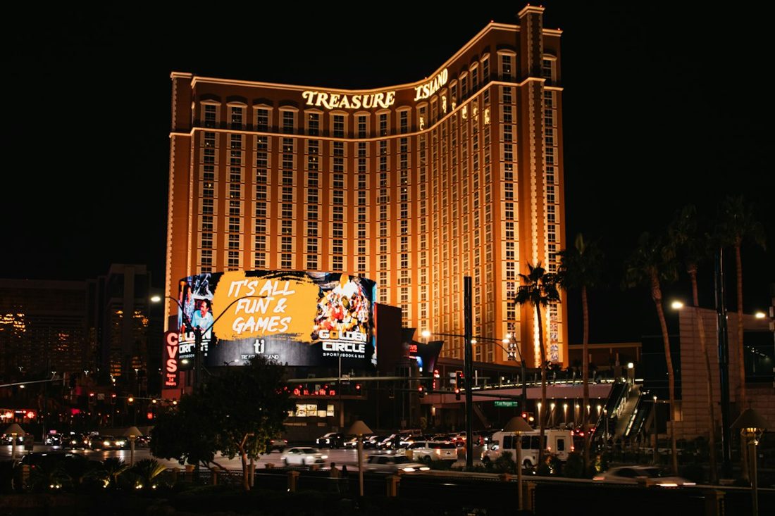 Casino exterior illuminated at night, illustrative venue photograph