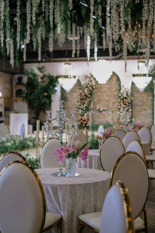 Elegant celebration venue with floral decorations
