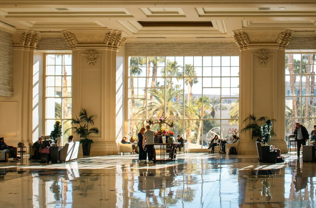 Hotel lobby with a bright hospitality arrival setting
